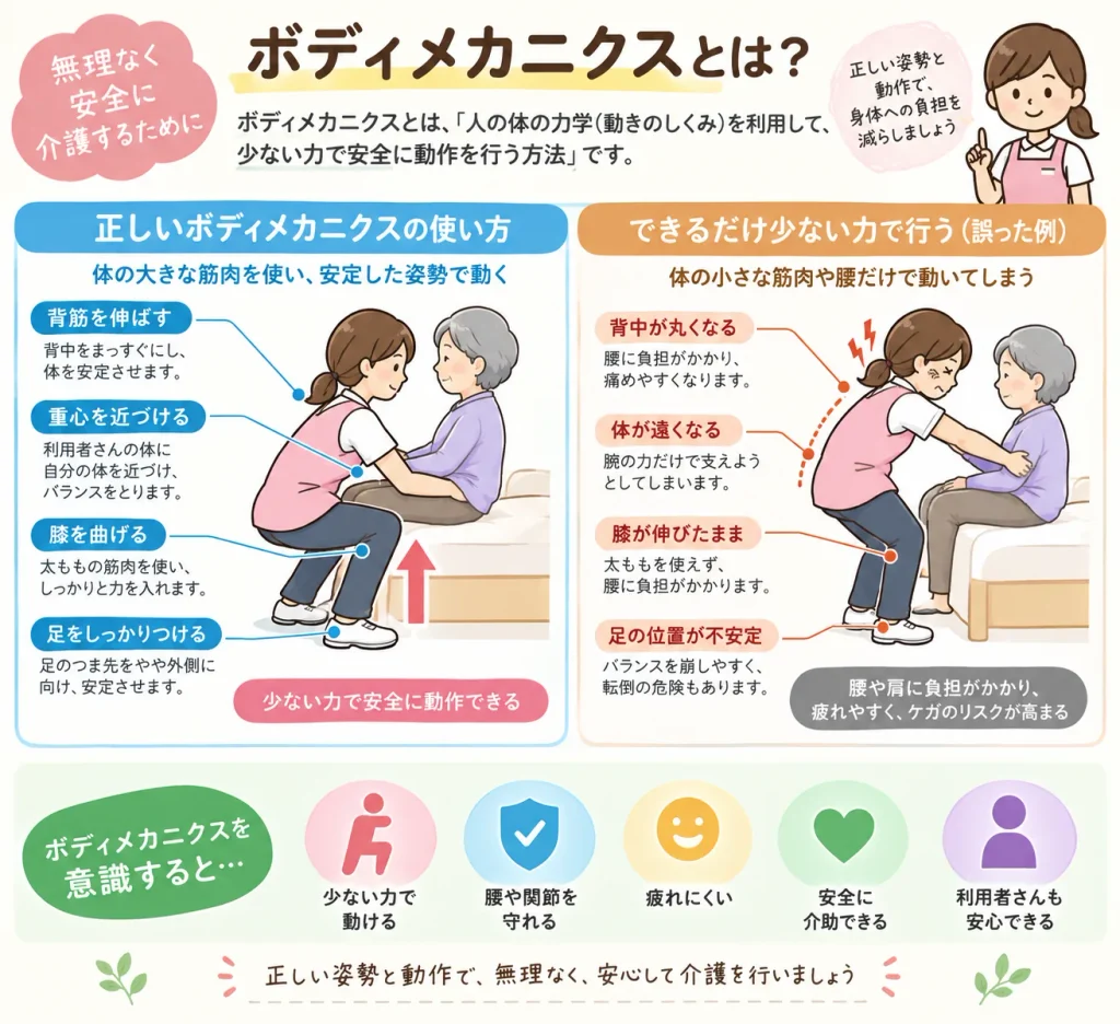 ボディメカニクスの基本。介護時の正しい姿勢と間違った姿勢を比較し、背筋を伸ばす、重心を近づける、膝を曲げるなどのポイントを図解。